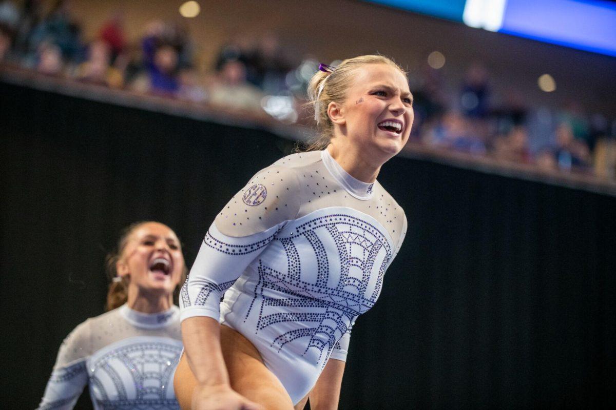 LSU gymnastics graduate student balance beam Sierra Ballard gets hype after her routine during the NCAA Gymnastics Championship on Saturday, April 20, 2024, in Fort Worth, Tx.