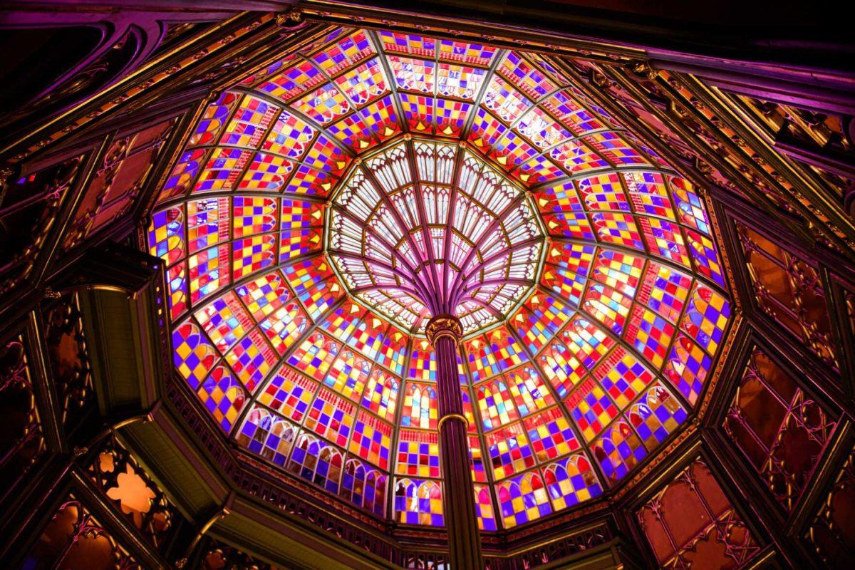 Sunlight shines through the stained glass on Thursday, April 18, 2024, at Louisiana's Old State Capitol in Baton Rouge, La.