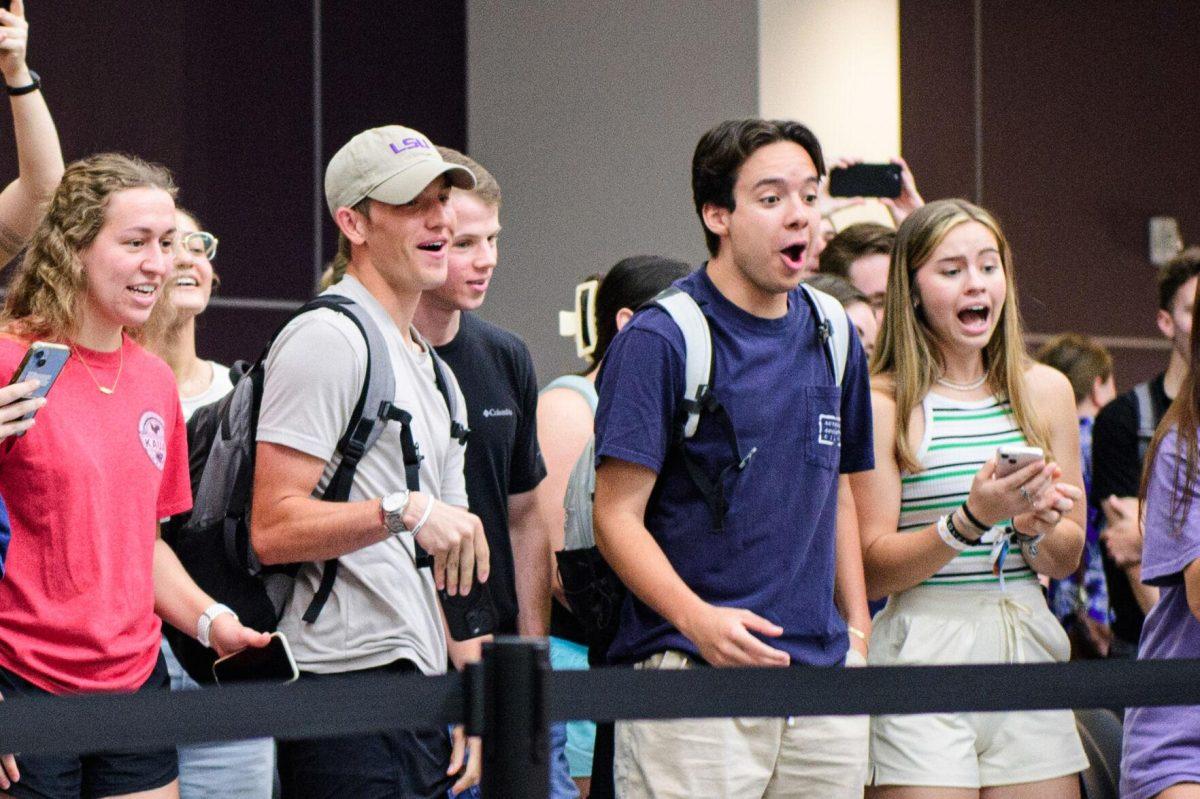 Students stare in disbelief on Tuesday, April 16, 2024,&#160;at the Bengal Bot Brawl in Patrick F. Taylor Hall in Baton Rouge, La.