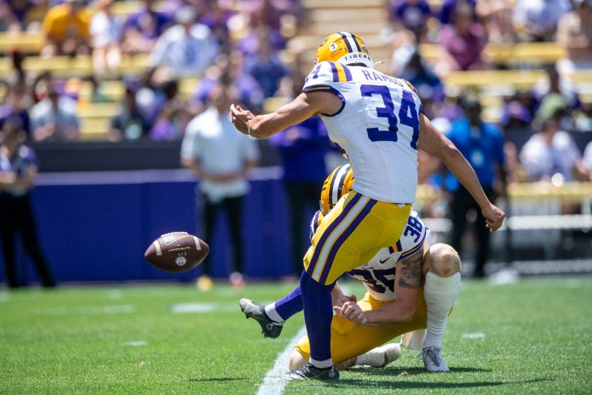 LSU football redshirt junior placekicker Damian Ramos (34) kicks the ball during the LSU Spring Football game on Saturday, April 13, 2024, in Tiger Stadium.