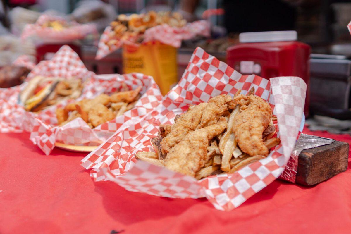 A basket of chicken and fries sits on a table Saturday, April 20, 2024, at the Baton Rouge Blues Festival.