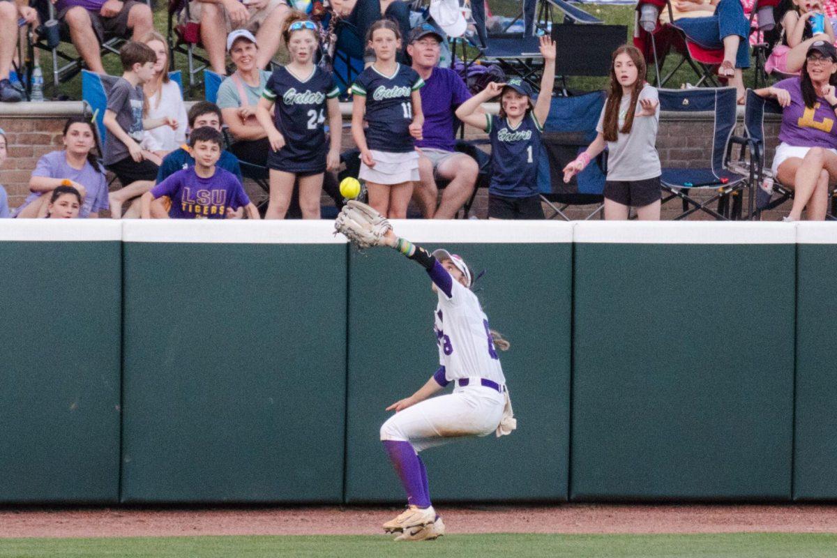 LSU softball graduate student outfielder Ciara Briggs (88) catches a fly ball Friday, April 26, 2024, during LSU's 2-1 loss against Arkansas at Tiger Park in Baton Rouge, La.