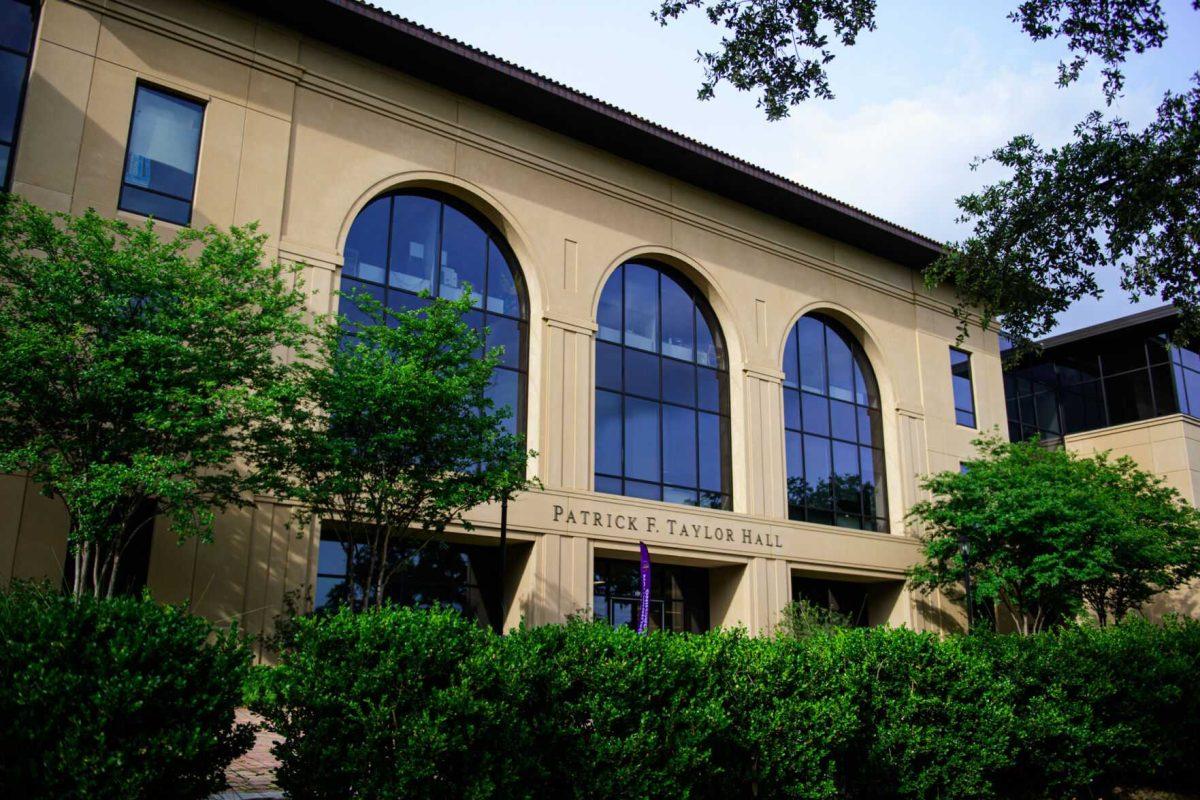 Windows fill the entrance of Patrick F. Taylor Hall in Baton Rouge, La.