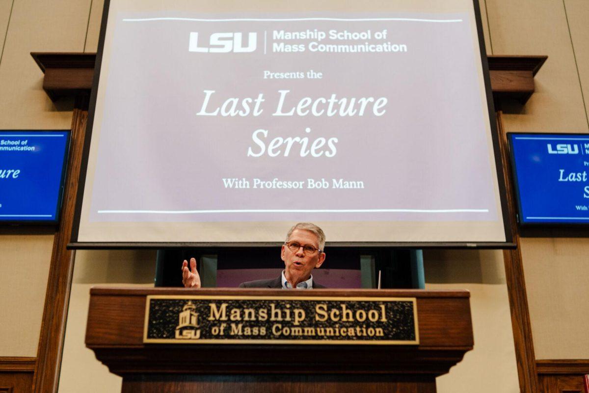 Professor Bob Mann speaks to the crowd Wednesday, April 17, 2024, at the Last Lecture Series in the Holliday Forum at LSU in Baton Rouge, La.