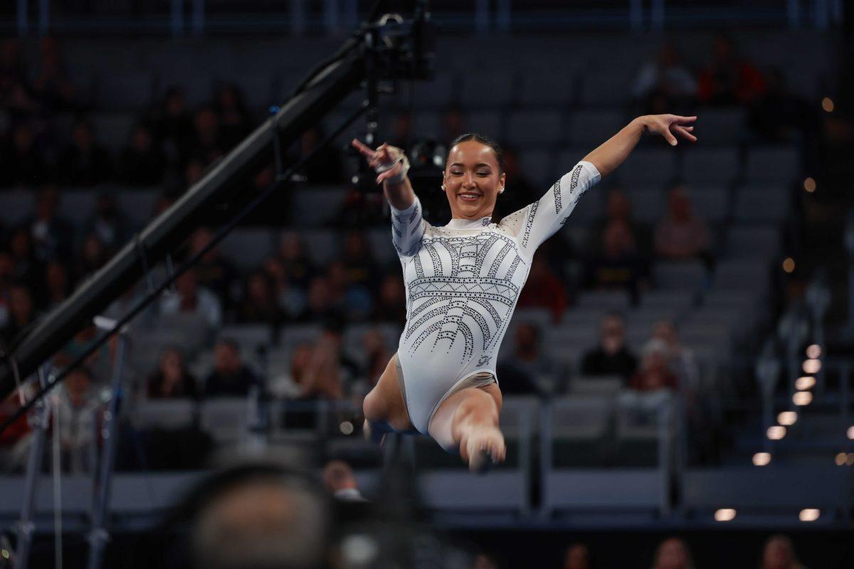 LSU gymnastics all-around junior Aleah Finnegan leaps through the air Saturday, April 20, 2024 during the NCAA Gymnastics Finals in the Dickies Arena in Fort Worth, Tx.&#160;