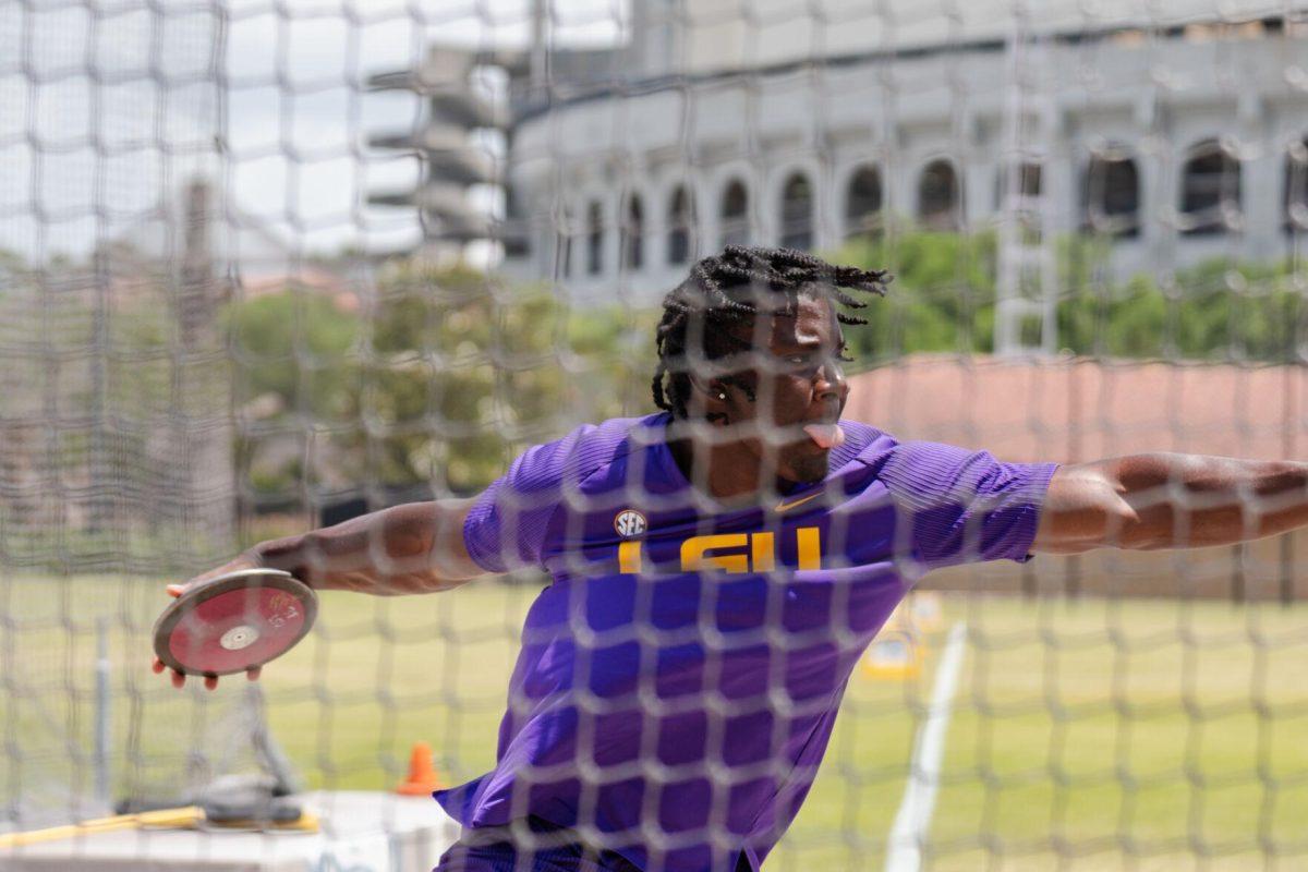 LSU track and field sophomore thrower Jaden James competes in discus Saturday, April 27, 2024, at the LSU Invitational in the Bernie Moore Track Stadium in Baton Rouge, La.