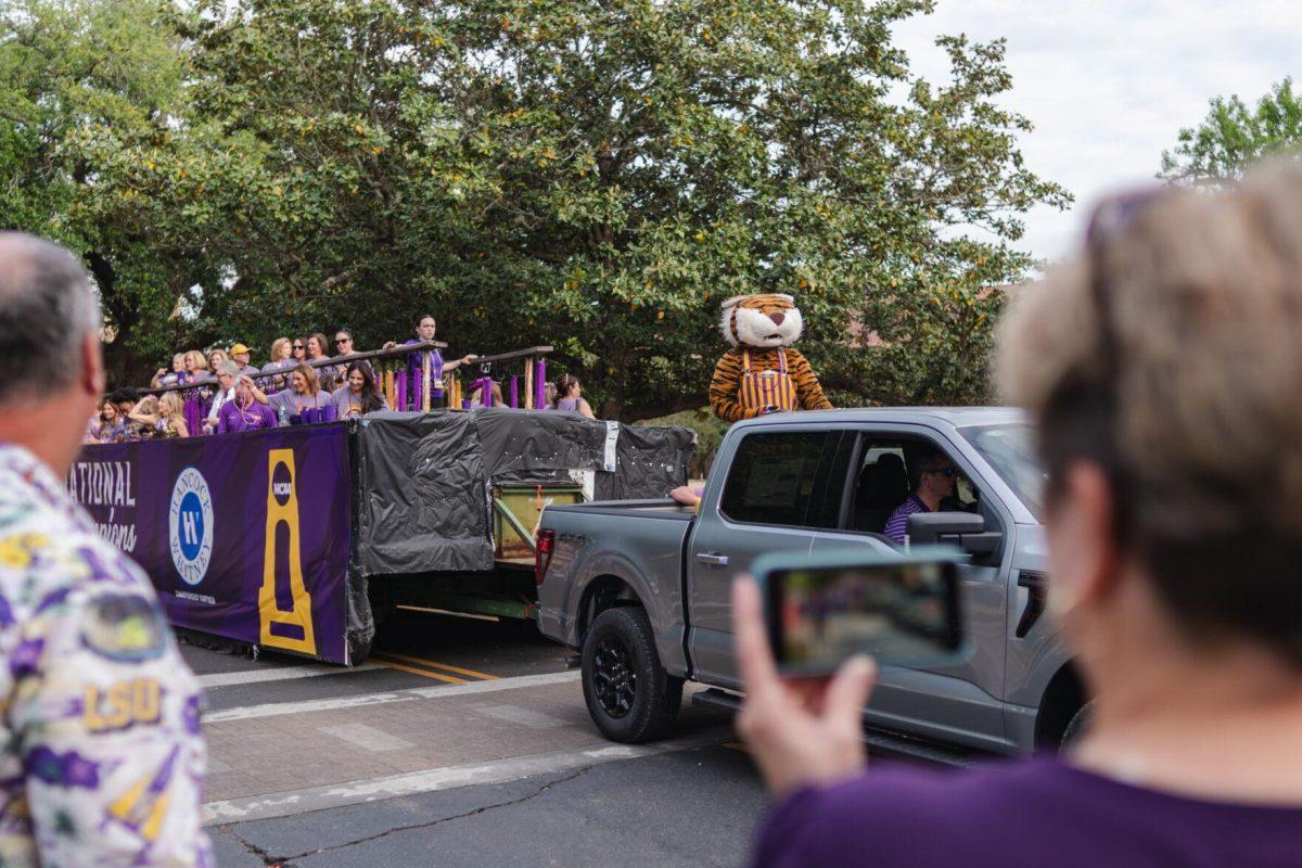 Mike the Tiger rides in a pickup truck Wednesday, April 24, 2024, at the LSU gymnastics championship parade on LSU's campus in Baton Rouge, La.