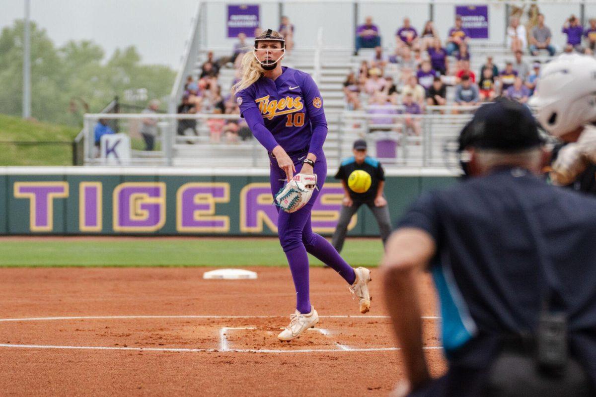 LSU softball redshirt junior pitcher Emilee Casanova (10) throws the ball Tuesday, April 2, 2024, during LSU's 7-4 win against ULM in Tiger Park in Baton Rouge, La.