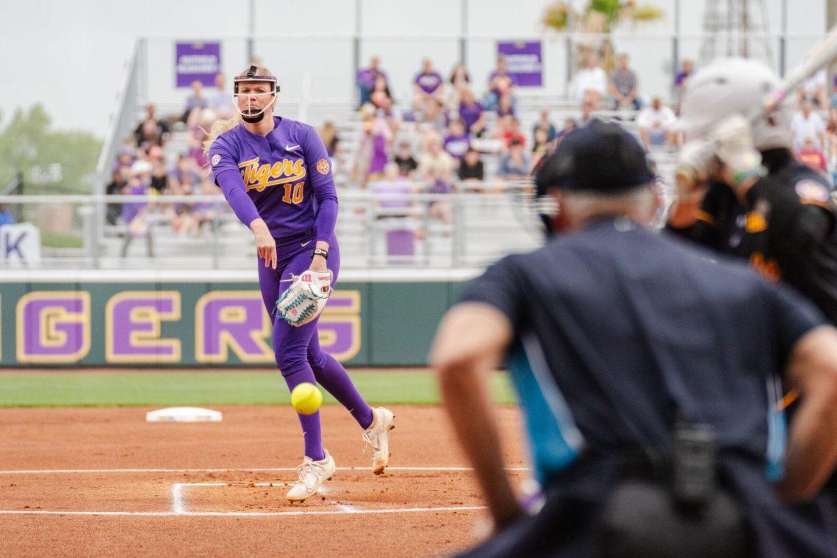 LSU softball redshirt junior pitcher Emilee Casanova (10) throws the ball Tuesday, April 2, 2024, during LSU's 7-4 win against ULM in Tiger Park in Baton Rouge, La.