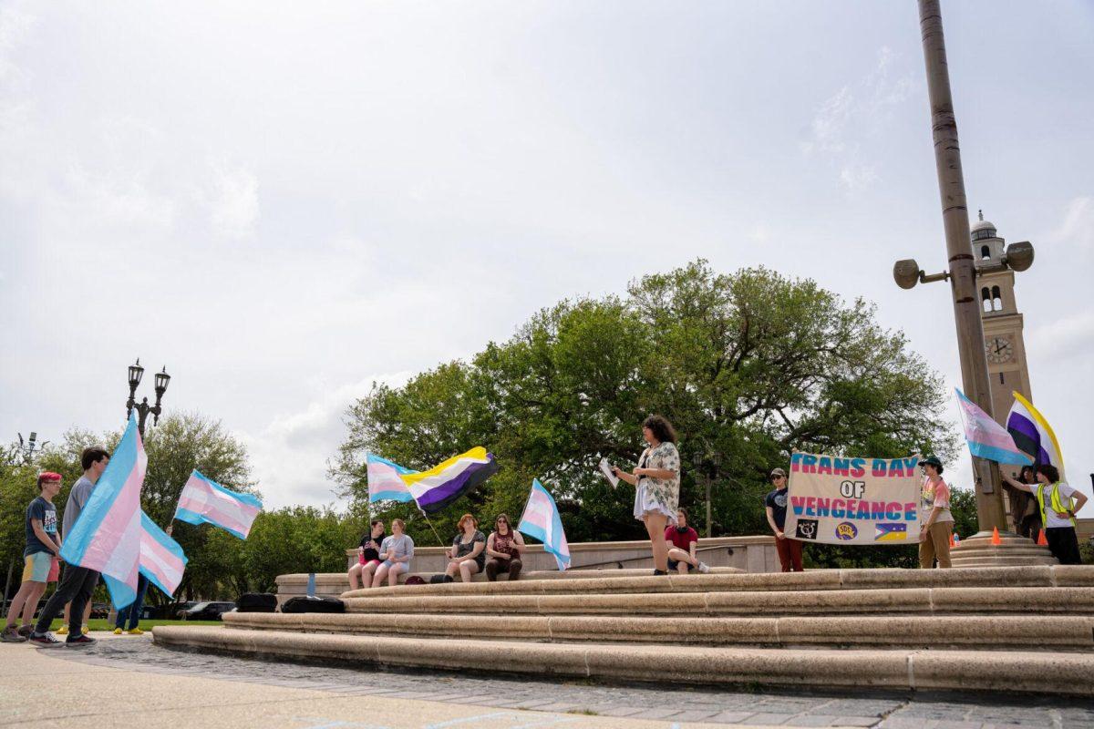 Rally participants gather Monday, April 1, 2024, at the LSU parade grounds on Highland road in Baton Rouge, La.