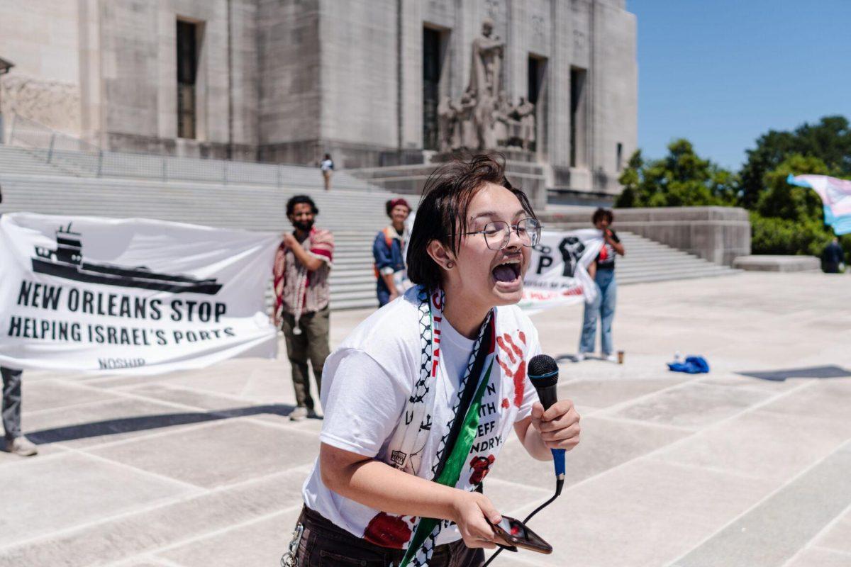 Blu DiMarco leads chants Monday, April 22, 2024, at the Louisiana State Capitol in Baton Rouge, La.