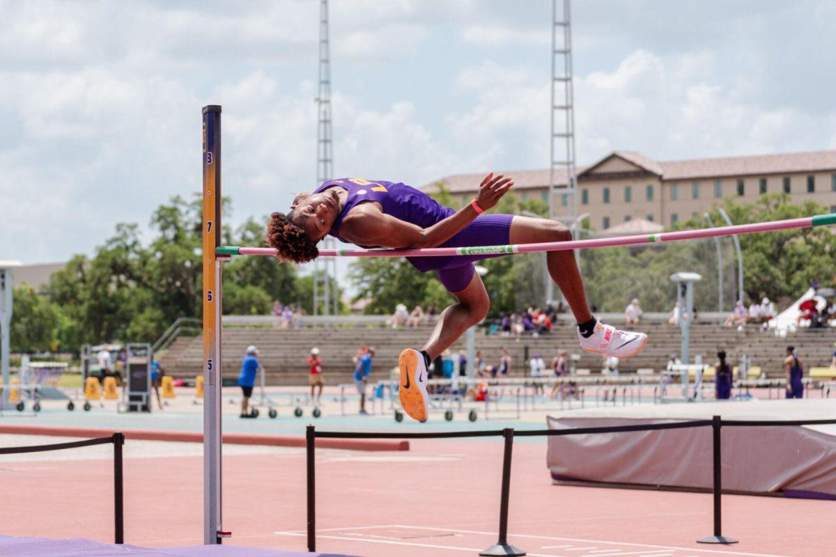 LSU track and field jumps senior Ronnie Rounds II leaps Saturday, April 27, 2024, at the LSU Invitational in the Bernie Moore Track Stadium in Baton Rouge, La.