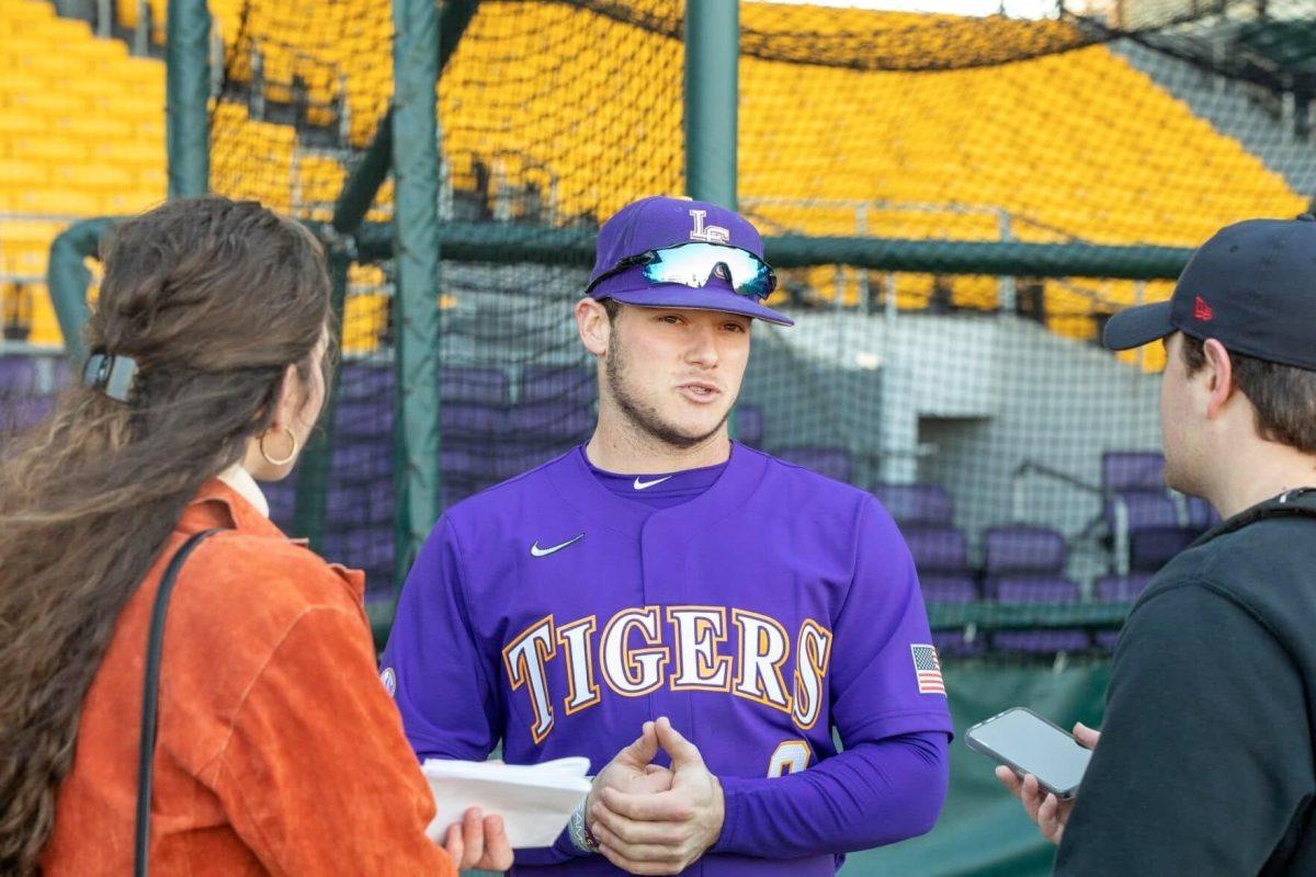 Reveille sports journalists Mackay Suire and Jared Brodtmann talk to Gavin Dugas at LSU baseball's preseason media day.&#160;