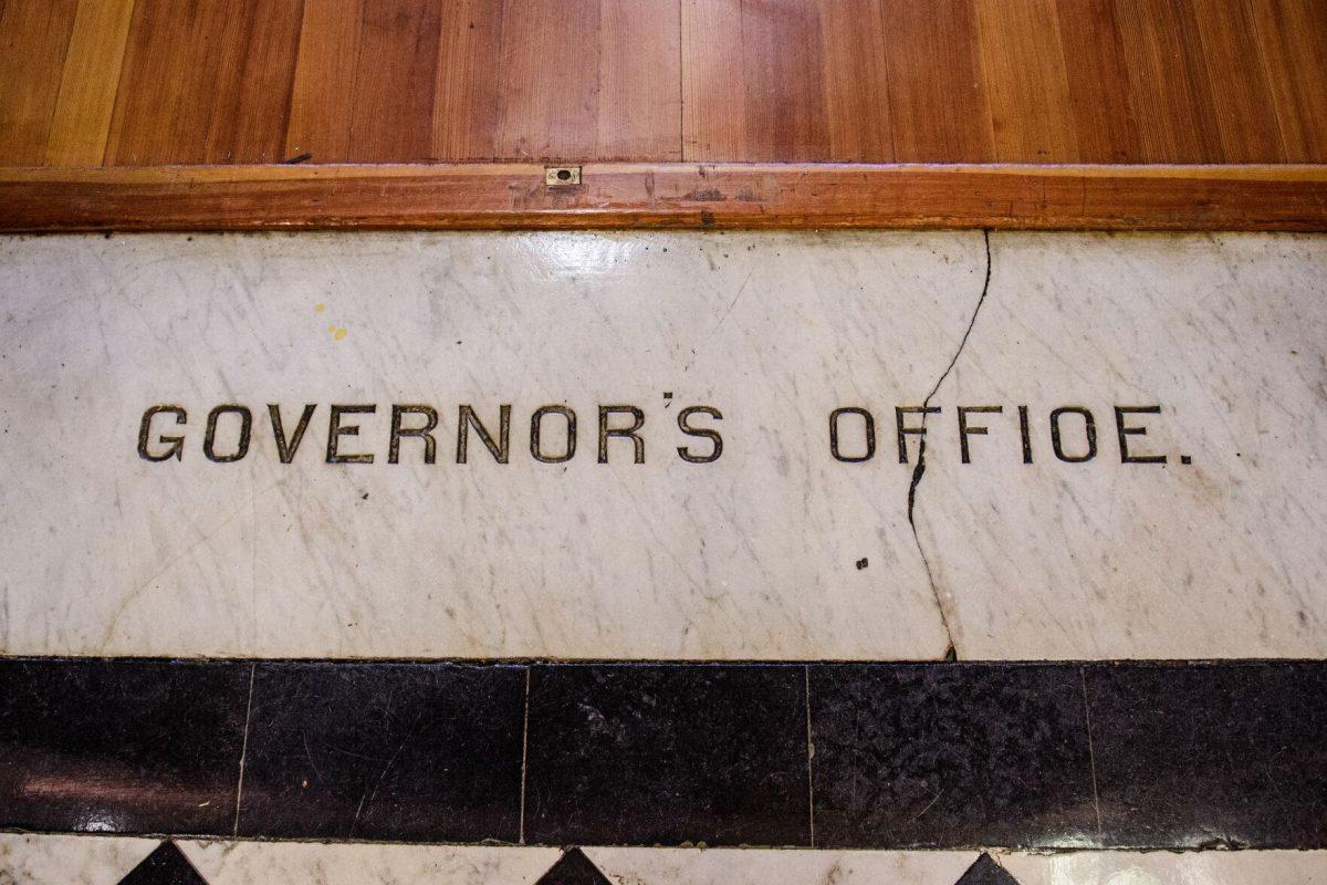 The words "Governor's Office" divides the rooms on Thursday, April 18, 2024, at Louisiana's Old State Capitol in Baton Rouge, La.