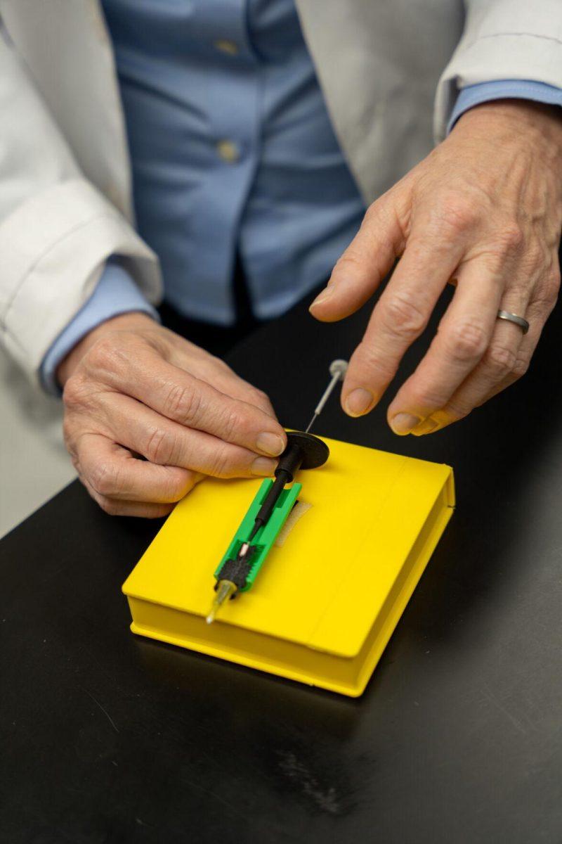 LSU veterinary doctor Mandi Lopez explains her new patented syringe Wednesday, April 17, 2024, at the LSU School of Veterinary Medicine on Skip Bertman Drive in Baton Rouge, La.