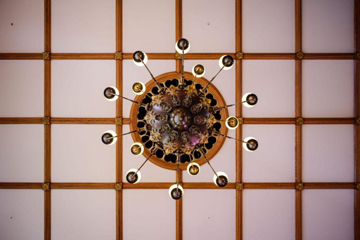 A chandelier hangs from the ceiling on Thursday, April 18, 2024, at Louisiana's Old State Capitol in Baton Rouge, La.