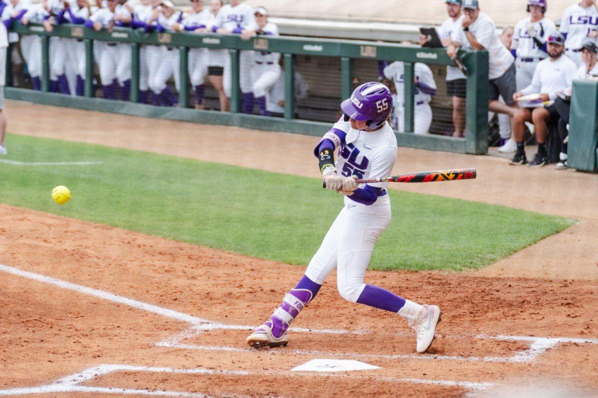 LSU softball graduate student utility Raeleen Gutierrez (55) swings her bat Friday, April 26, 2024, during LSU's 2-1 loss against Arkansas at Tiger Park in Baton Rouge, La.