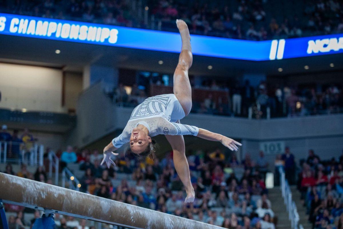 LSU gymnastics graduate student all-around Savannah&#160;Schoenherr flips on the beam during the NCAA Gymnastics Championship on Saturday, April 20, 2024, in Fort Worth, Tx.