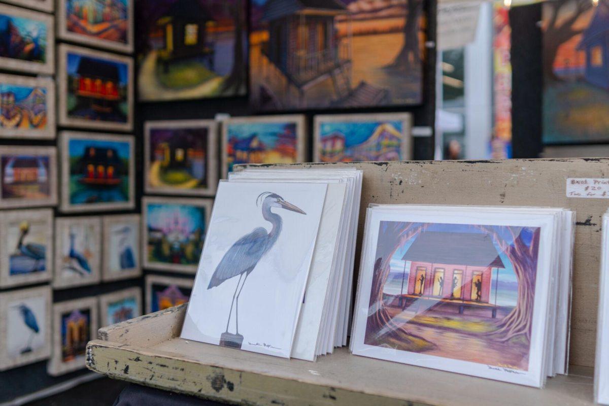 Paintings sit for sale Saturday, April 20, 2024, at the Baton Rouge Blues Festival.