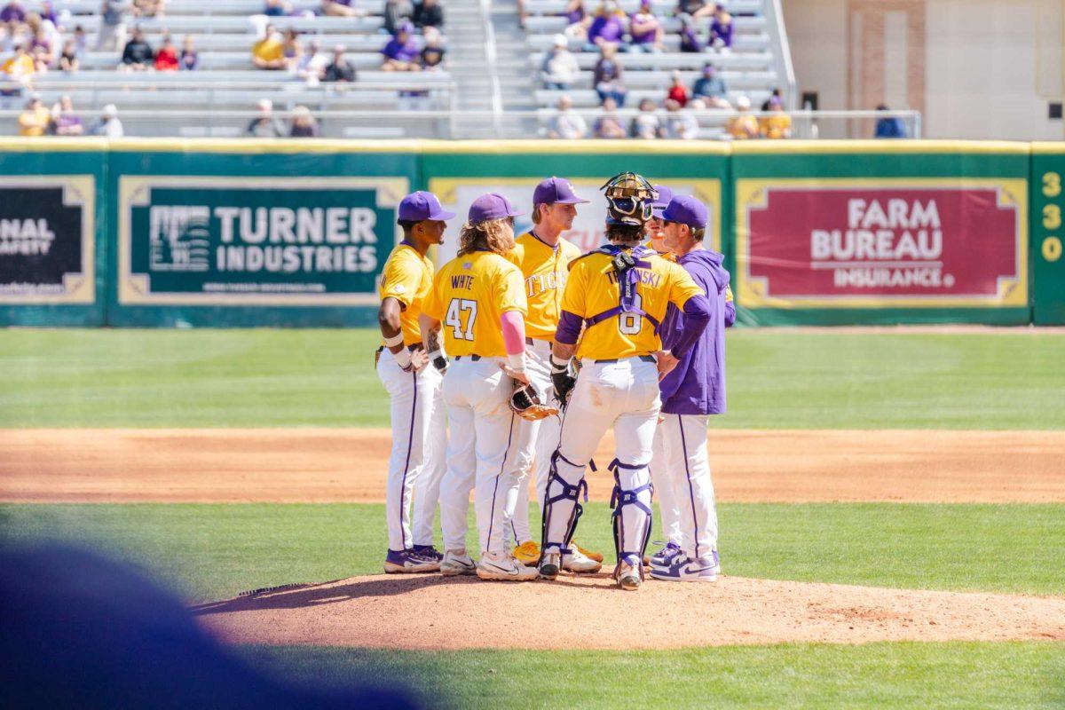 The LSU baseball team meets at the mound Sunday, March 10, 2024, during LSU's 2-1 loss to Xavier in Alex Box Stadium in Baton Rouge, La.