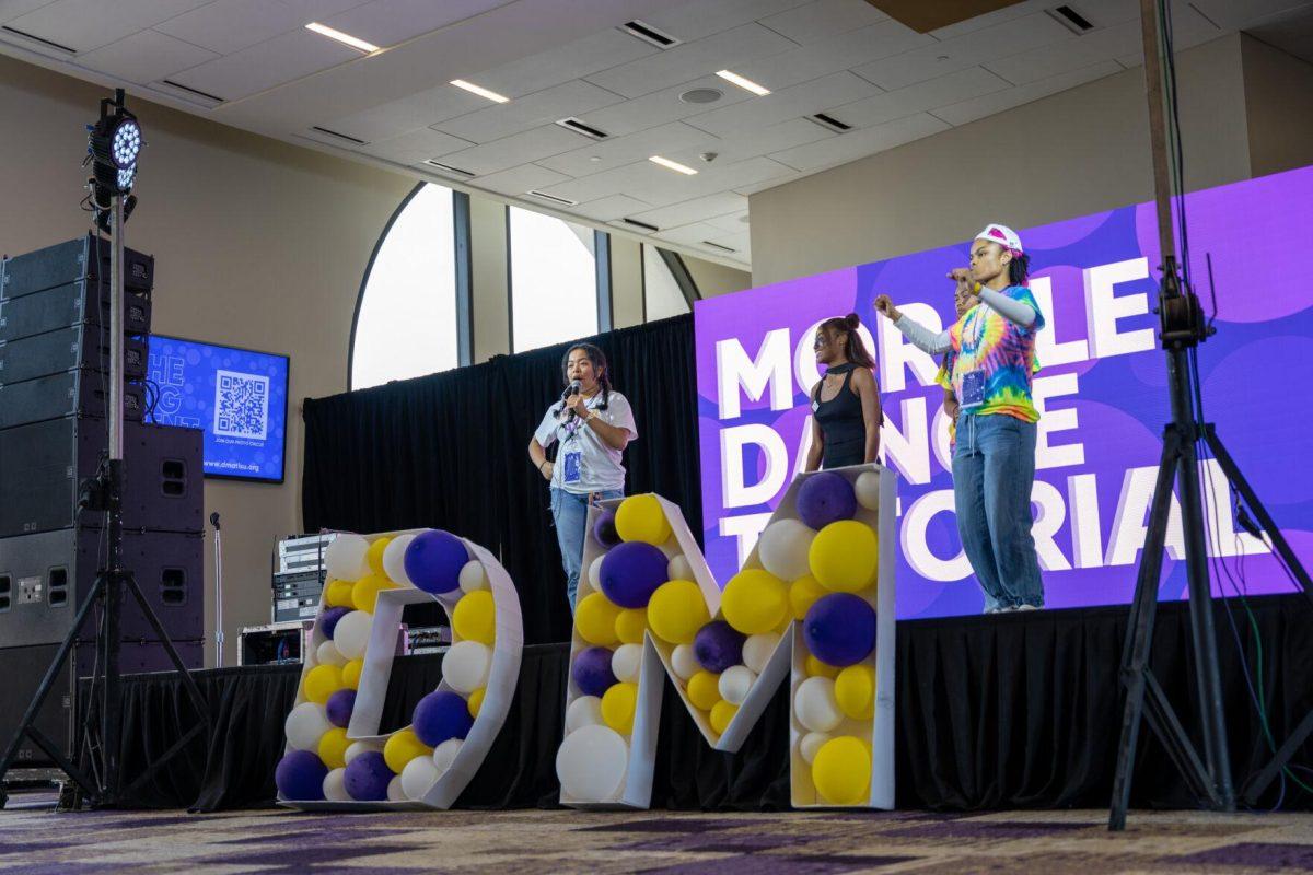 The Morale Dance Crew teaches a dance Saturday, April 6, 2024 at the LSU Dance Marathon in Tiger Stadium in Baton Rouge, La.