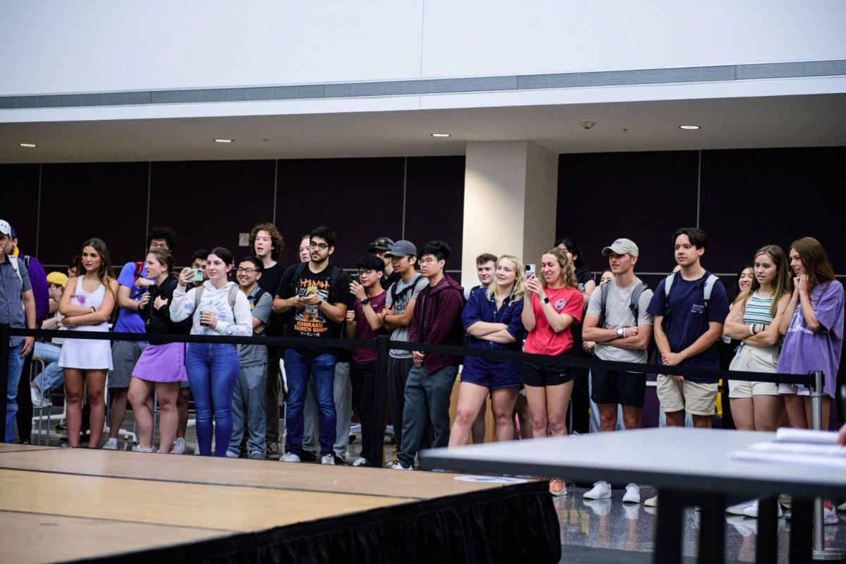 The audience watches in anticipation on Tuesday, April 16, 2024,&#160;at the Bengal Bot Brawl in Patrick F. Taylor Hall in Baton Rouge, La.