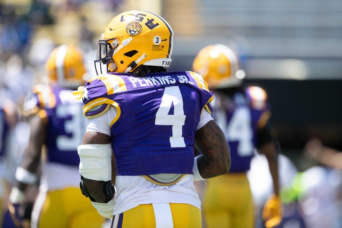 LSU football junior linebacker Harold Perkins Jr. (4) looks out onto the field during the LSU Spring Football game on Saturday, April 13, 2024, in Tiger Stadium.