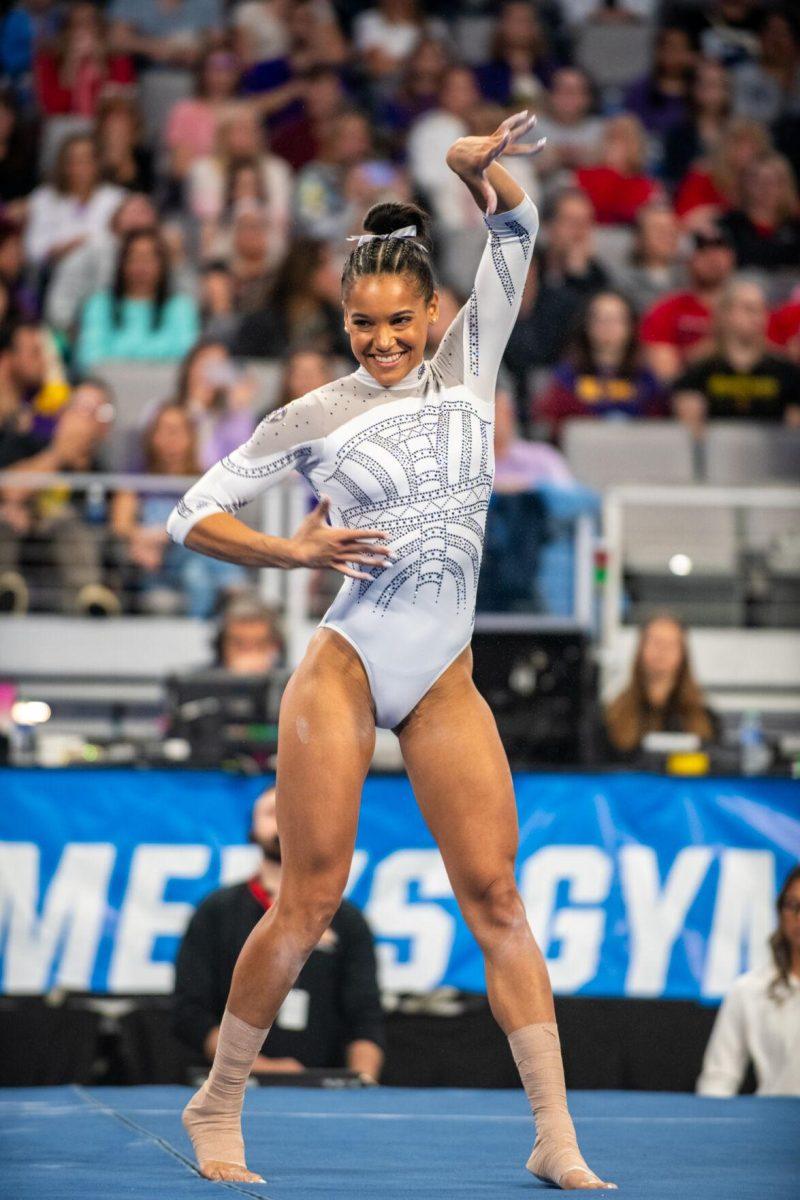 LSU gymnastics all-around Haleigh Bryant smiles at her teammates during her routine during the NCAA Gymnastics Championship on Saturday, April 20, 2024, in Fort Worth, Tx.