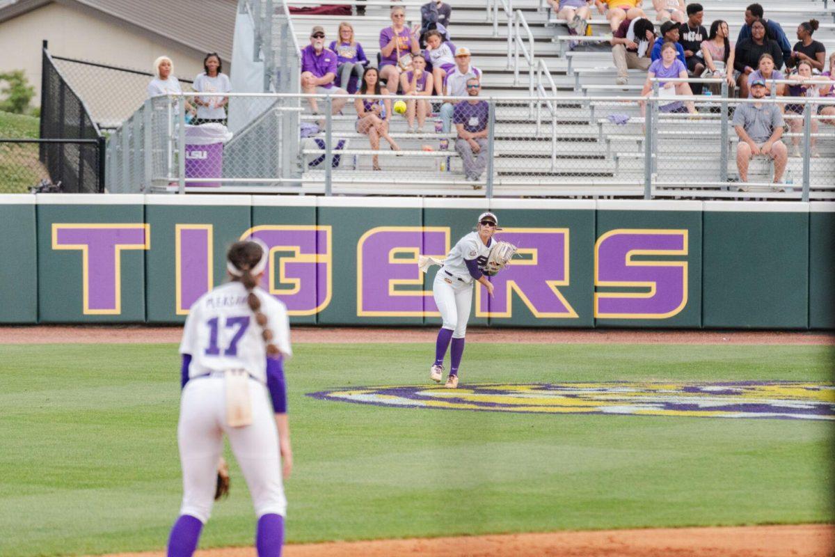 LSU softball graduate student outfielder Ciara Briggs (88) throws the ball in Friday, April 26, 2024, during LSU's 2-1 loss against Arkansas at Tiger Park in Baton Rouge, La.