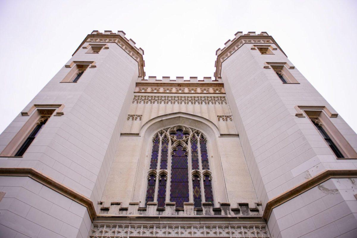 The stained glass window sits center on Thursday, April 18, 2024, at Louisiana's Old State Capitol in Baton Rouge, La.