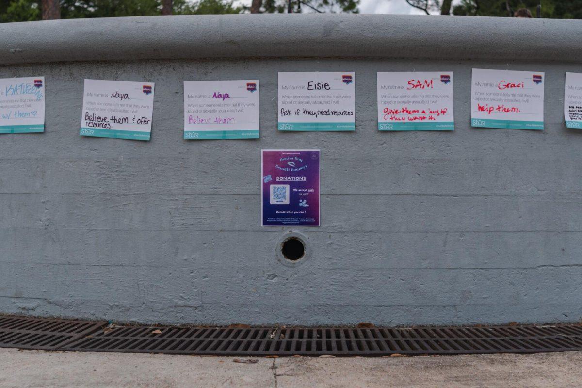 Papers read what various people would do to support someone who reveals an experience of sexual assault Wednesday, April 24, 2024, during a Denim Day event at the LSU amphitheater.