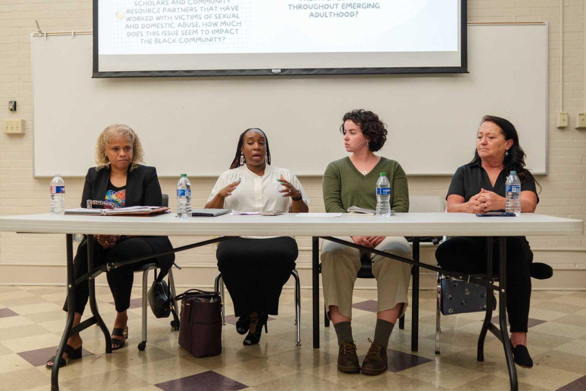 The panel consisting of Director of the Lighthouse Program Kreslyn Kelley-Ellis, Deputy Title IX Coordinator for Prevention Education/Training Miranda Brown, Annie Sheehan-Dean and Executive Director of the Iris Domestic Violence Center Patti Joy Freeman answer questions Wednesday, April 17, 2024, at the Black Femicide Panel in Coates Hall on LSU's campus.