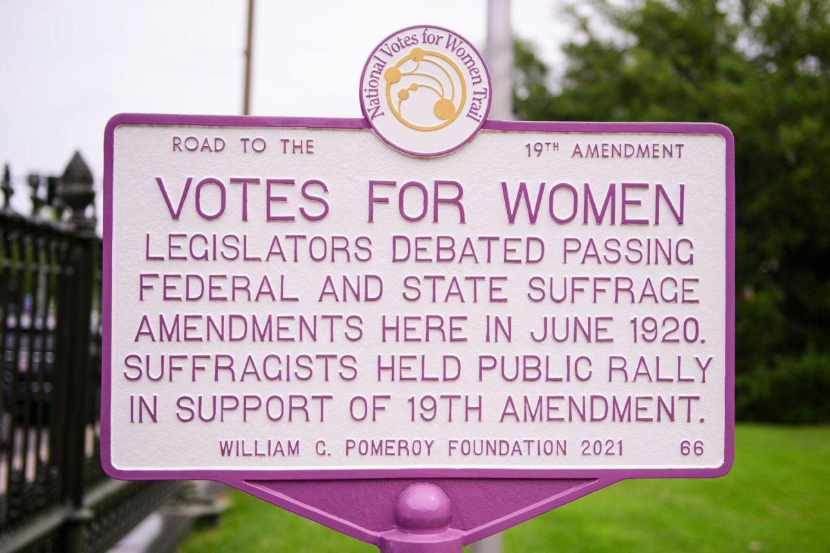 The sign gives information about the 19th amendment on Thursday, April 18, 2024, at Louisiana's Old State Capitol in Baton Rouge, La.