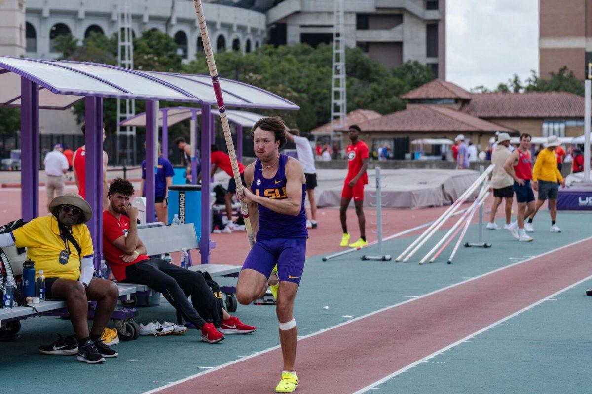 LSU track and field jumps senior Kameron Aime goes down the runway Saturday, April 27, 2024, at the LSU Invitational in the Bernie Moore Track Stadium in Baton Rouge, La.