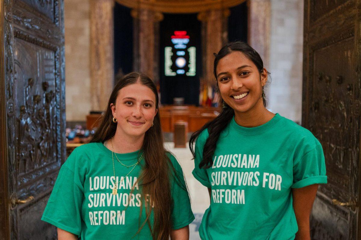 STAR Advocacy Coordinator Kennedy Dozier (left) and Resource Advocate Maya Jammulapati (right) stand for a picture outside the Senate Chamber Thursday, April 25, 2024, at the Louisiana State Capitol in Baton Rouge, La.