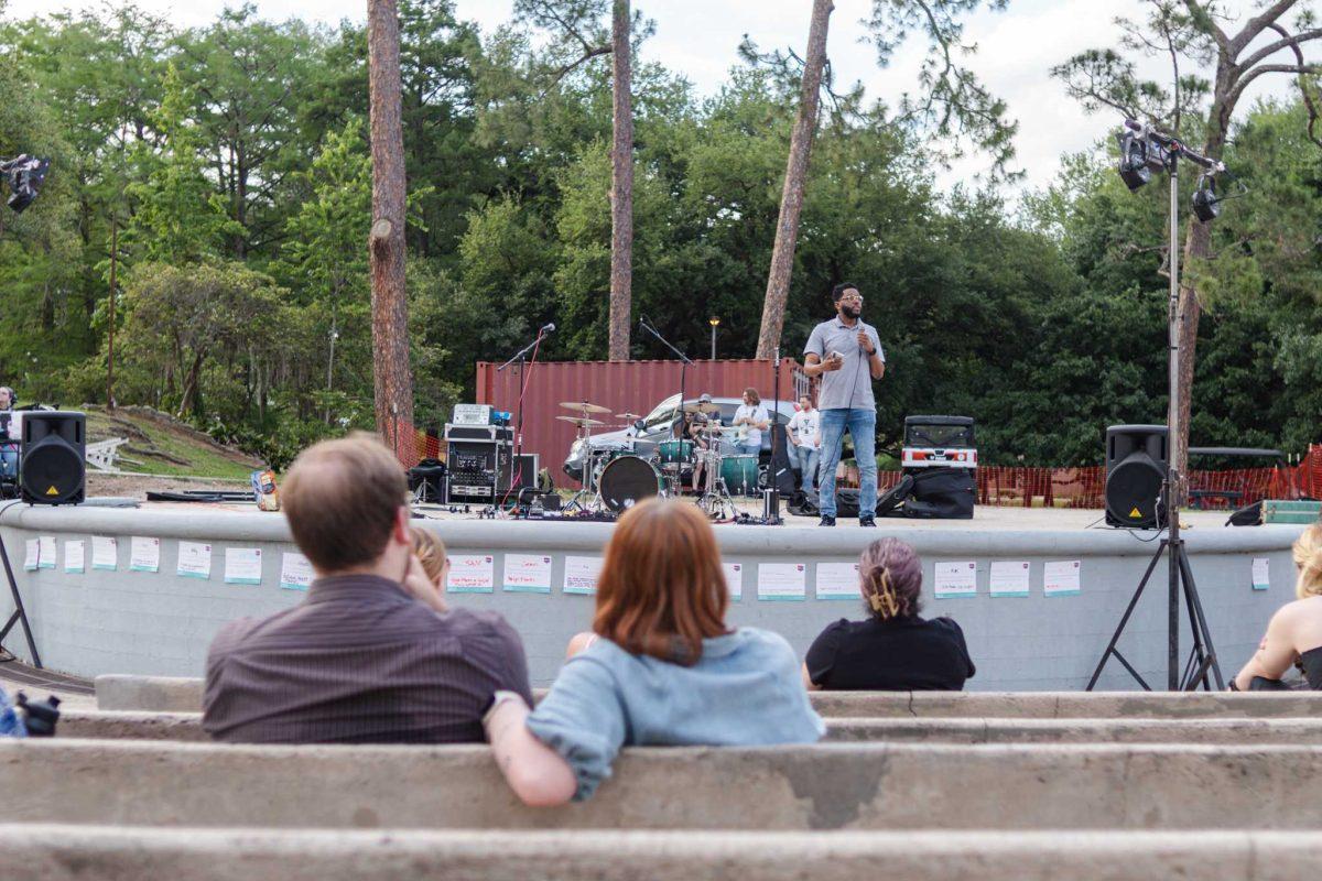 STAR representative Derrick Lathan speaks Wednesday, April 24, 2024, during a Denim Day event at the LSU amphitheater.