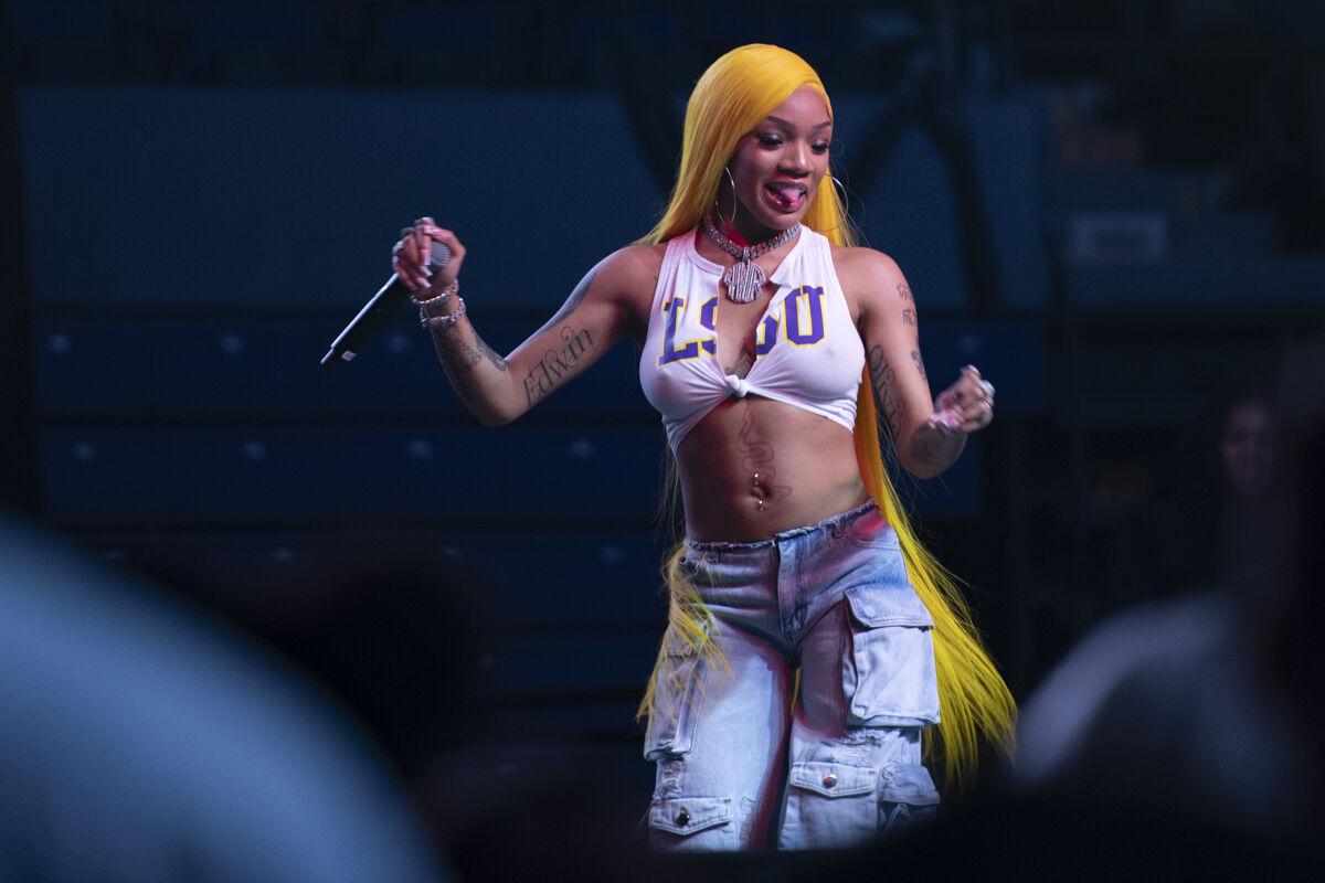 GloRilla shakes her hips Thursday, April 25, 2024, during LSU Student Government&#8217;s annual Groovin&#8217; concert at the Pete Maravich Assembly Center in Baton Rouge, La.