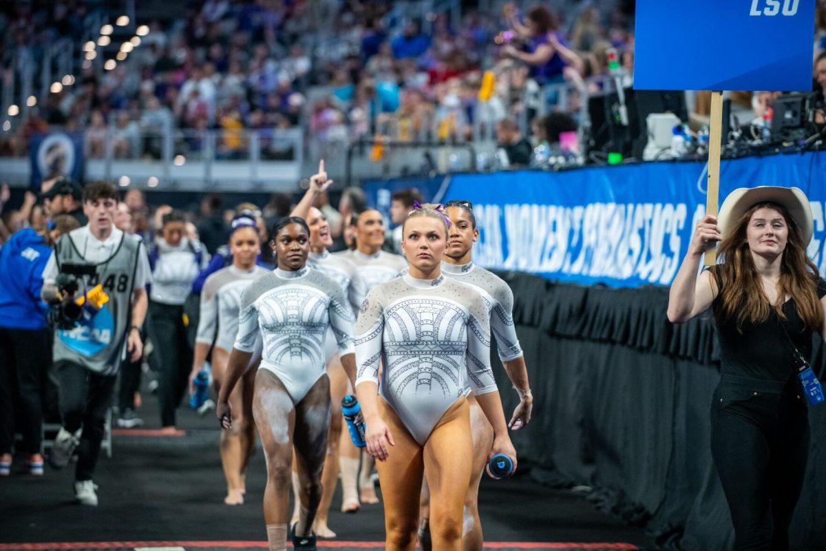 The LSU gymnastics team walks to their next event during the NCAA Gymnastics Championship on Saturday, April 20, 2024, in Fort Worth, Tx.