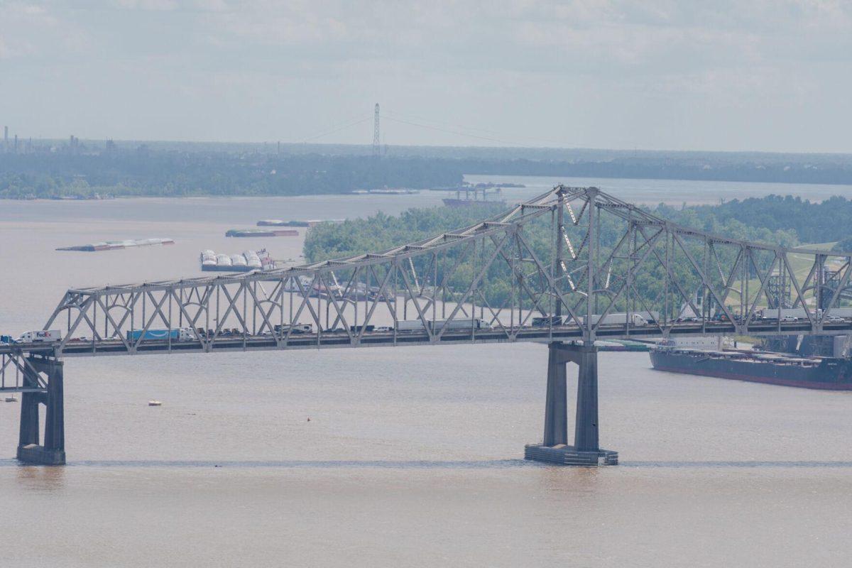 Cars cross the Mississippi River Bridge Thursday, April 25, 2024, in Baton Rouge, La.