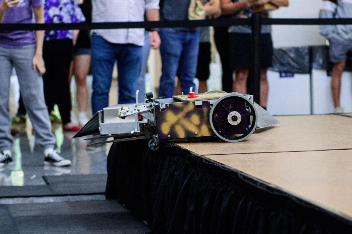 The robots sit stuck on the edge of the platform on Tuesday, April 16, 2024,&#160;at the Bengal Bot Brawl in Patrick F. Taylor Hall in Baton Rouge, La.