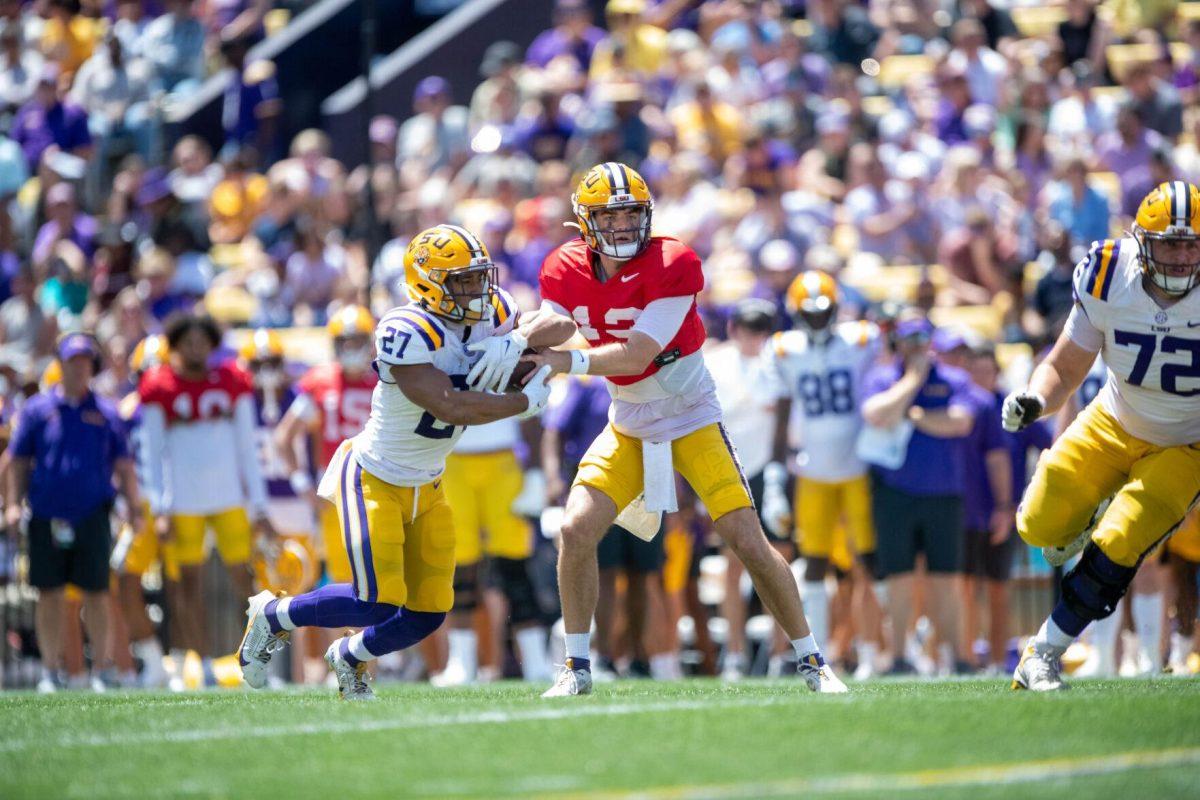 LSU football redshirt junior quarterback Garrett Nussmeier (13) passes the ball during the LSU Spring Football game on Saturday, April 13, 2024, in Tiger Stadium.