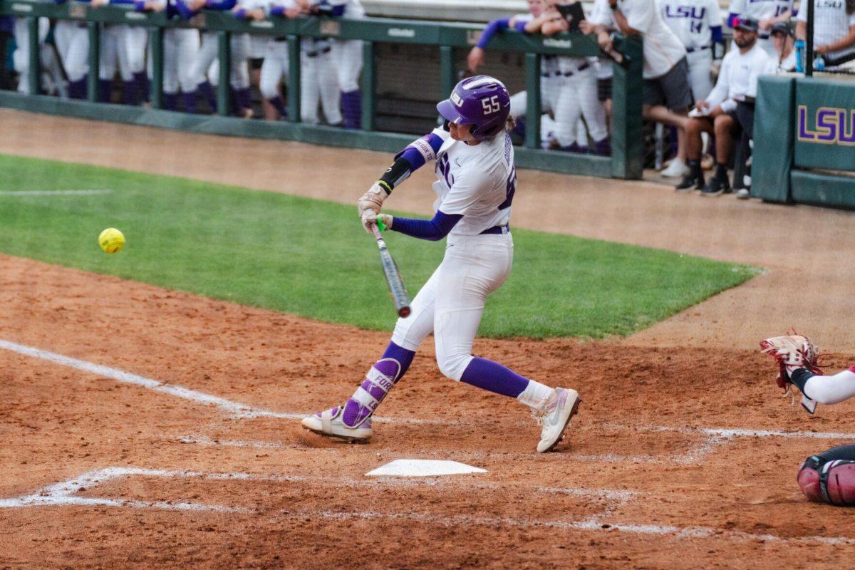 LSU softball graduate student utility Raeleen Gutierrez (55) swings her bat Friday, April 26, 2024, during LSU's 2-1 loss against Arkansas at Tiger Park in Baton Rouge, La.&#160;