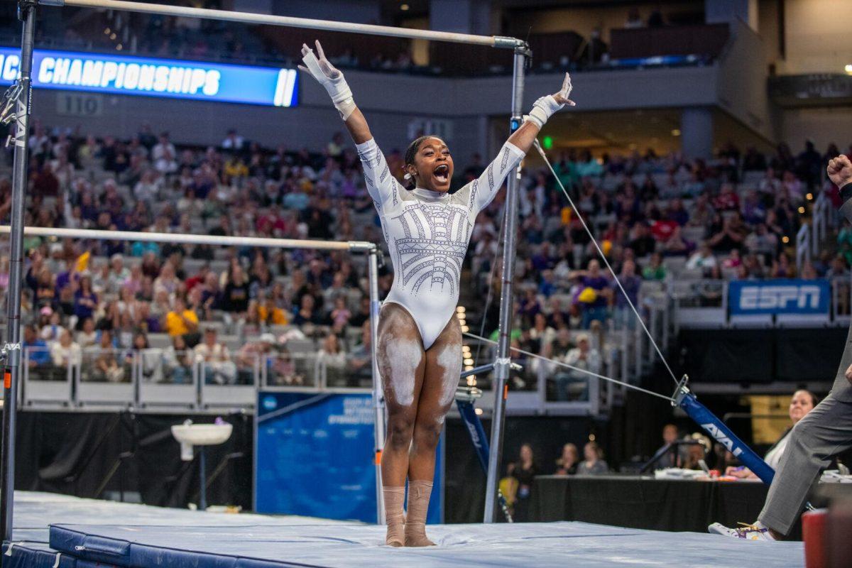 LSU gymnastics freshman all-around Amari Drayton yells in celebration after landing her flip during the NCAA Gymnastics Championship on Saturday, April 20, 2024, in Fort Worth, Tx.