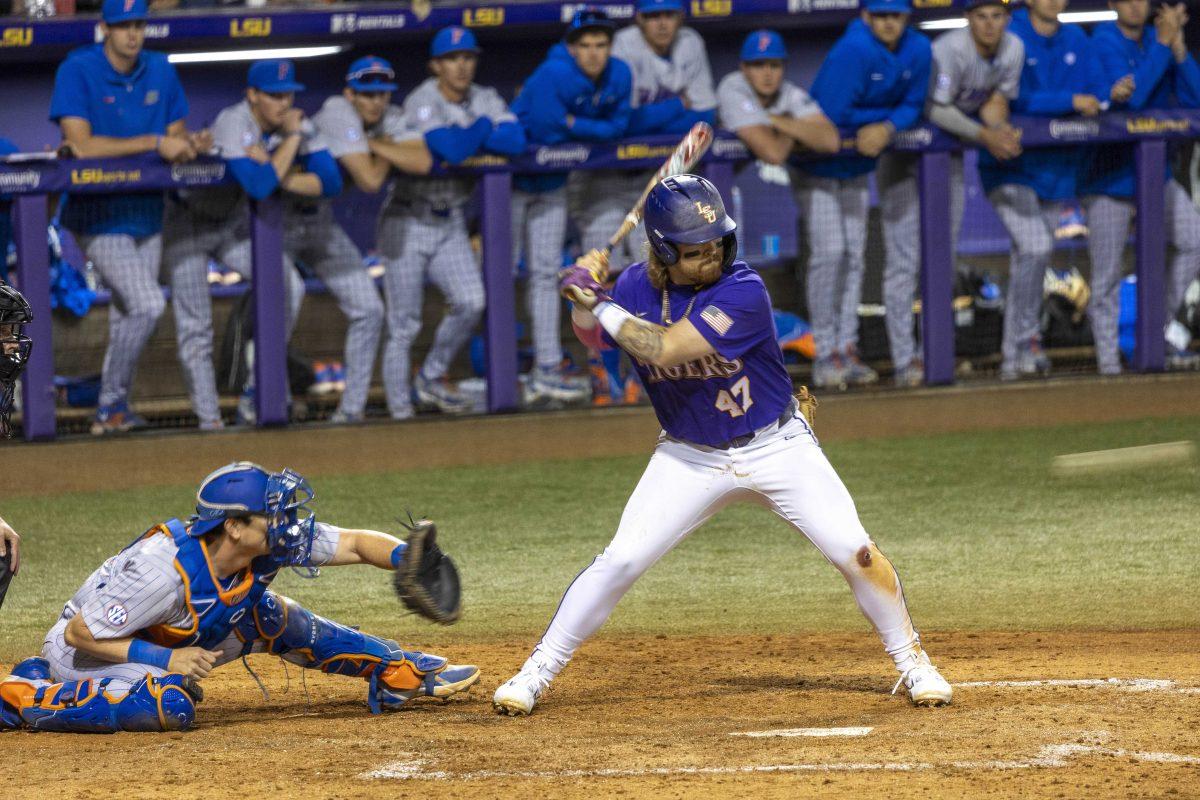 LSU baseball junior third base Tommy White (47) steps up to bat Friday, March 22, 2024, during LSU"s 6-1 victory over Florida in Alex Box Stadium.