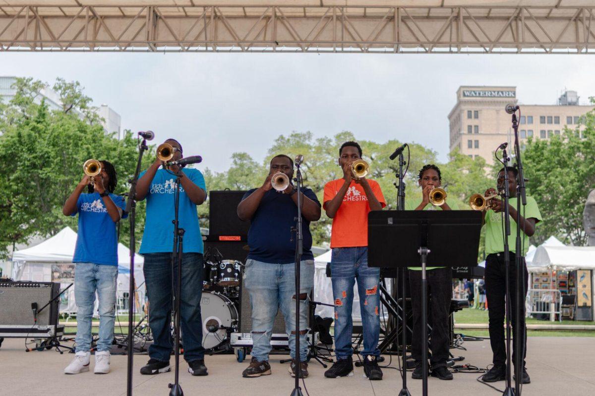 Trumpet players of the Kids' Orchestra perform on stage Saturday, April 20, 2024, at the Baton Rouge Blues Festival.