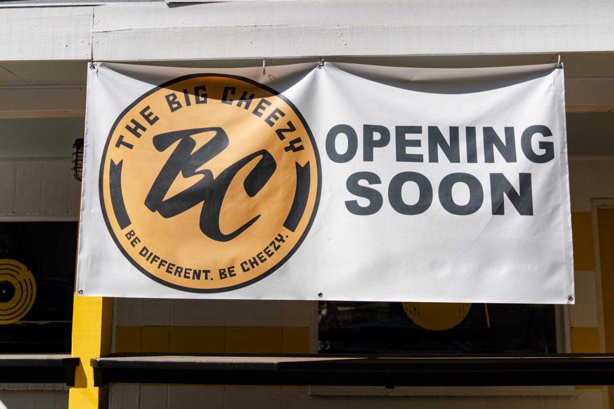 An "opening soon" sign hangs from the Big Cheezy's new location Wednesday, April 3, 2024, on West Chimes Street in Baton Rouge, La.