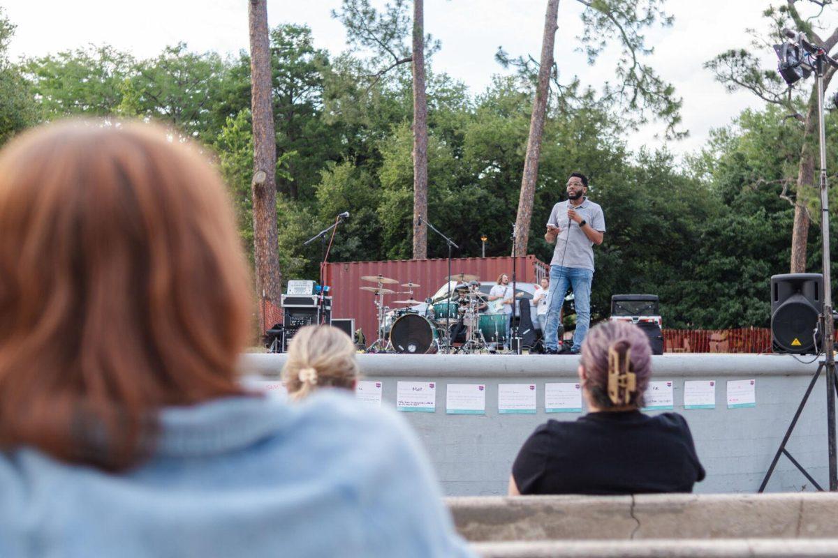 STAR representative Derrick Lathan speaks Wednesday, April 24, 2024, during a Denim Day event at the LSU amphitheater.