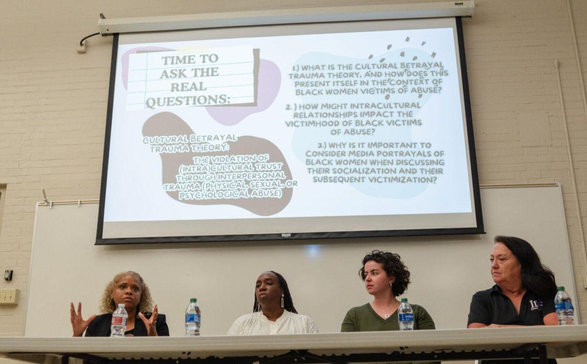 The panel consisting of Director of the Lighthouse Program Kreslyn Kelley-Ellis, Deputy Title IX Coordinator for Prevention Education/Training Miranda Brown, Annie Sheehan-Dean and Executive Director of the Iris Domestic Violence Center Patti Joy Freeman answer questions Wednesday, April 17, 2024, at the Black Femicide Panel in Coates Hall on LSU's campus.