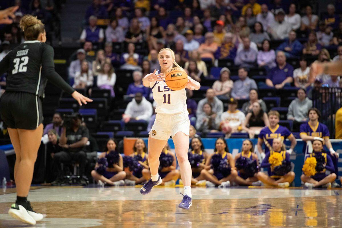 <p>LSU women’s basketball graduate student guard Hailey Van Lith (11) passes the ball Friday, March 22, 2024, during LSU’s 70-60 first-round NCAA March Madness tournament victory against Rice at the Pete Maravich Center in Baton Rouge, La.</p>