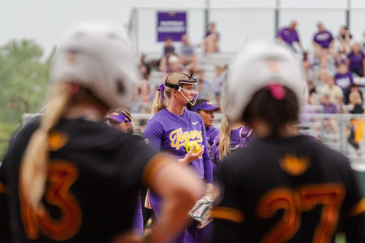 LSU softball redshirt junior pitcher Emilee Casanova (10) awaits the ruling after a challenged play Tuesday, April 2, 2024, during LSU's 7-4 win against ULM in Tiger Park in Baton Rouge, La.